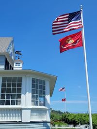 Low angle view of flag flags against buildings