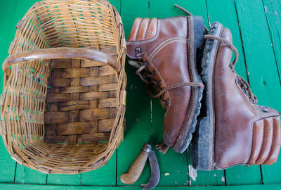 High angle view of basket by shoes on table