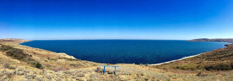 Scenic view of sea against clear blue sky