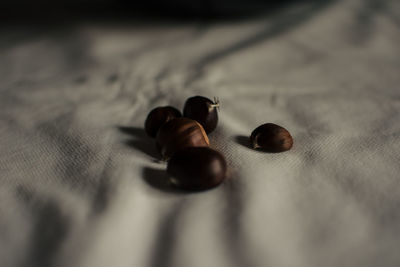 Close-up of chestnuts on white cloth