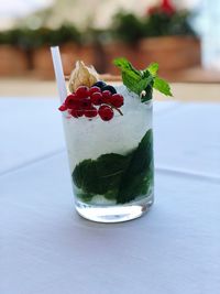 Close-up of drink served on table