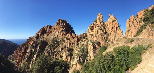 Panoramic view of rocky mountains against clear sky