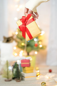 Woman hand holding new year gift box with christmas tree background