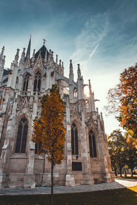Low angle view of trees and building against sky