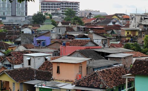 High angle view of houses in town