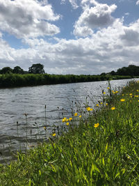 Scenic view of river against cloudy sky