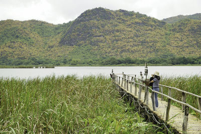 Woman standing on footbridge amidst plants by lake