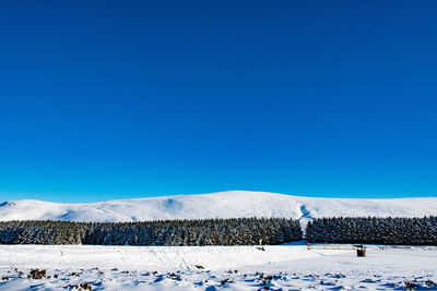 Snow covered landscape against clear blue sky