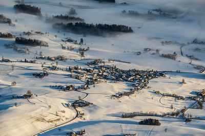 High angle view of snow covered land