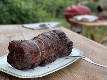 Close-up of meat in plate on table