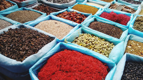 High angle view of spices for sale in market stall