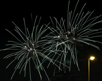 Low angle view of firework display at night