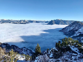 Scenic view of snowcapped mountains against clear blue sky