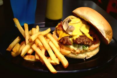 Close-up of burger on table