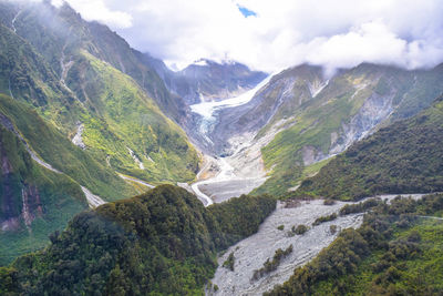 Scenic view of valley and mountains against sky