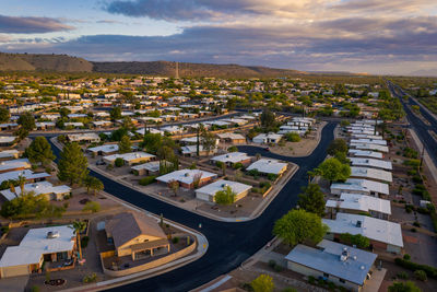 High angle view of townscape against sky