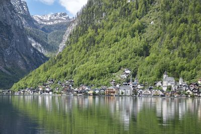 Scenic view of lake by trees and buildings of hallstatt