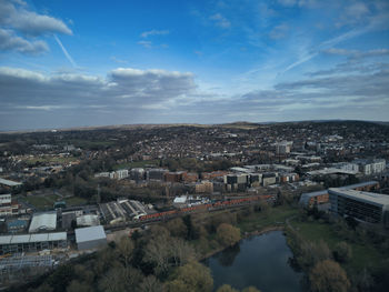 High angle shot of townscape against sky