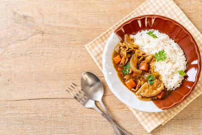 High angle view of food in plate on table