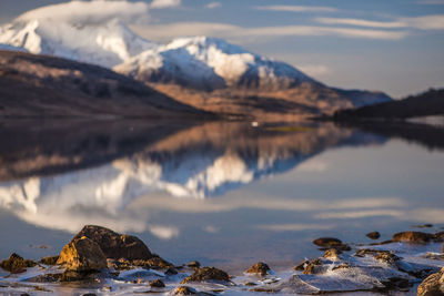 Scenic view of lake and snowcapped mountains against sky