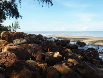 Rocks on beach against sky