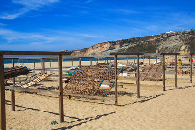 Scenic view of beach against blue sky