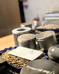 High angle view of coffee beans on table