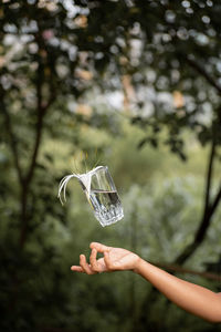 Cropped hand catching water glass with flower against trees