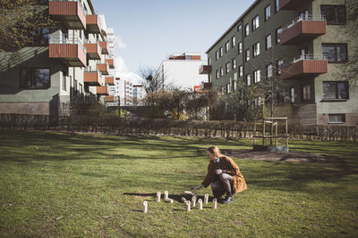Woman playing molkky