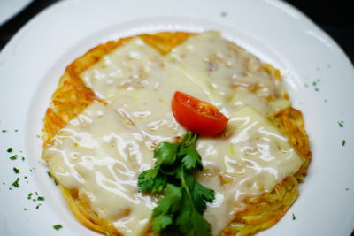 High angle view of breakfast served in plate