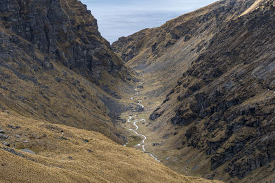 Rugged alpine valley with a winding stream, south island new zealand