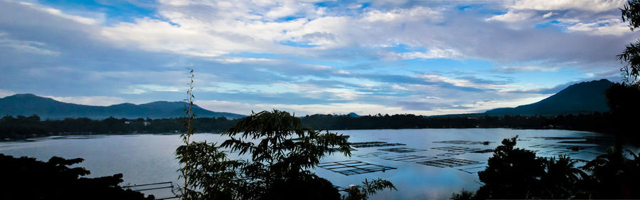 Scenic view of lake against cloudy sky