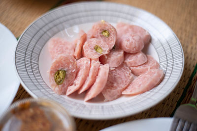 High angle view of breakfast in plate on table