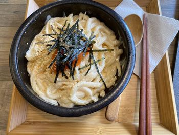 High angle view of food in bowl on table