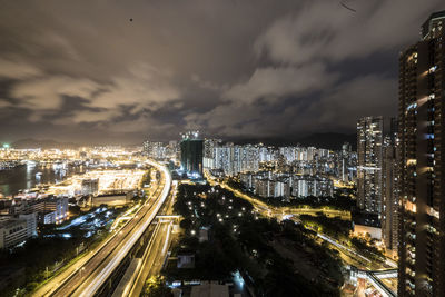 High angle view of city street at night