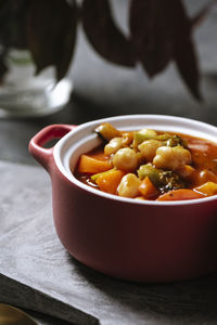 Close-up of soup in bowl on table