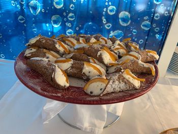 High angle view of dessert in plate on table