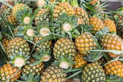 Close-up of pineapples for sale in market