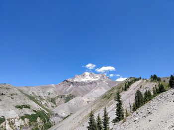 Scenic view of mountains against clear blue sky