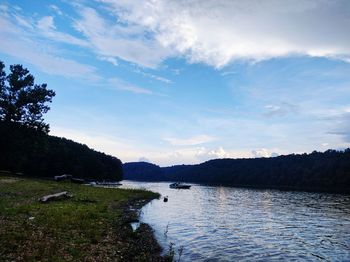 Scenic view of lake against cloudy sky