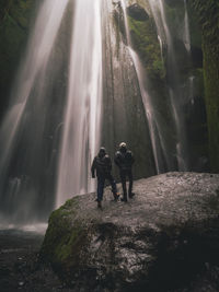 Rear view of man standing by waterfall in forest