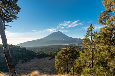 Scenic view of mountains against clear blue sky