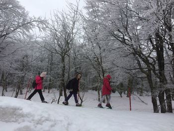 People walking on snow covered landscape