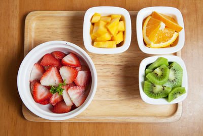 High angle view of breakfast served on table