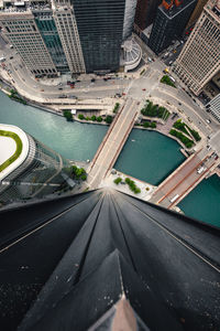 High angle view of road amidst cityscape