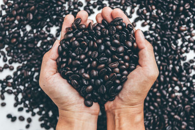 Close-up of hand holding coffee beans