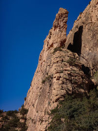 Low angle view of rocky mountain against clear blue sky