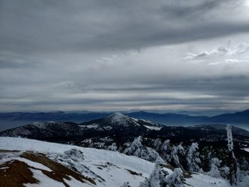 Scenic view of snow covered mountains against sky