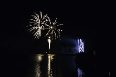 Firework display over river against sky at night