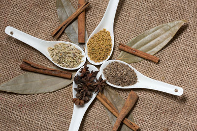 High angle view of spices in container